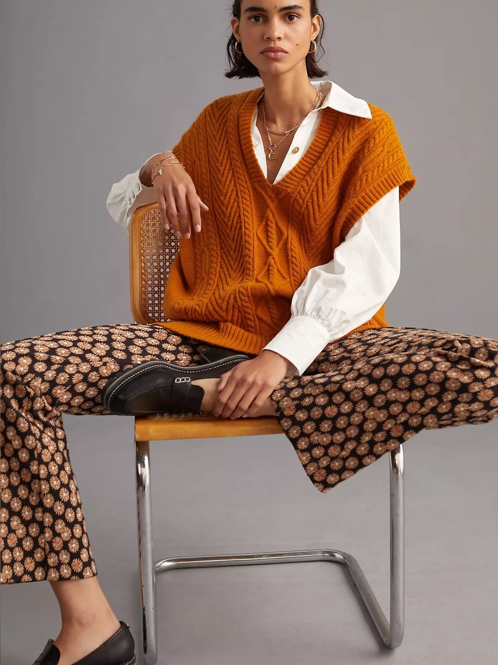 Anthropologie Cable-Knit Tunic Vest marigold layering academia sz one size